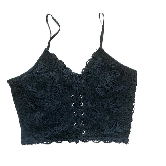 Romwe Womens Black Lace Up Front Corset Size Small Zip Up Back Cropped Top Y2K - Picture 1 of 5